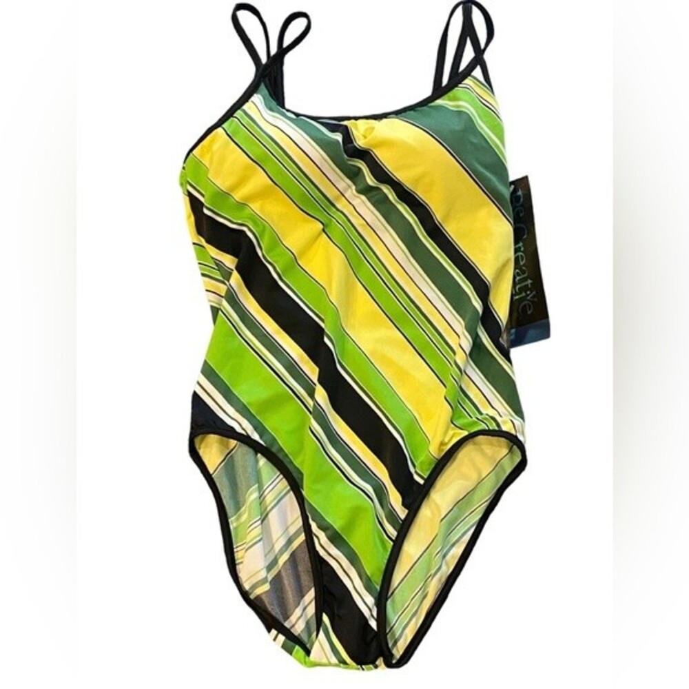 NWT women’s green stripe one piece swimsuit double straps size 12, Resortwear
